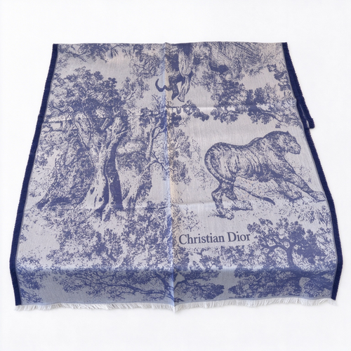 Christian Dior Jungle Toile Scarf – Navy & White Wool Cashmere Blend Animal Print | Reversible Fringed Luxury Shawl