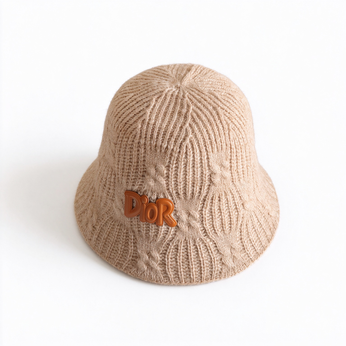 Dior Style Cable Knit Bucket Hat – Oatmeal Camel Wool Blend Fisherman Hat with Brown Leather Dior Logo Patch,