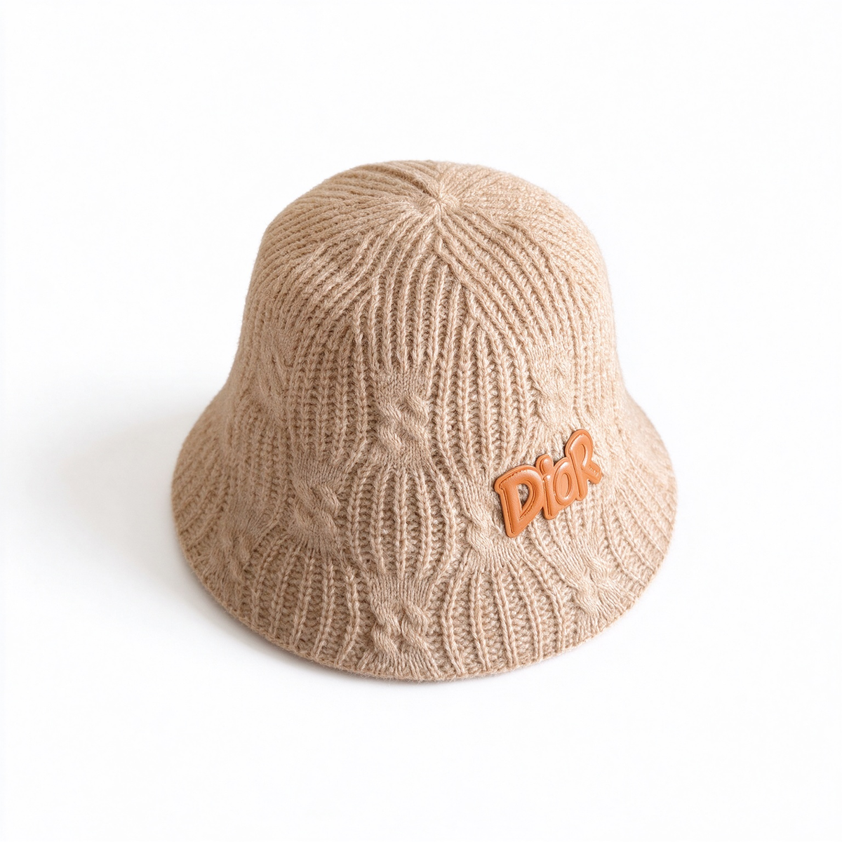Dior Style Cable Knit Bucket Hat – Oatmeal Camel Wool Blend Fisherman Hat with Brown Leather Dior Logo Patch,
