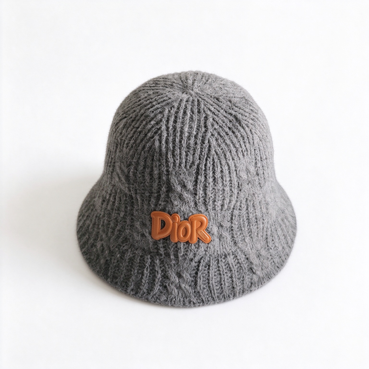 Dior Style Cable Knit Bucket Hat – Oatmeal Camel Wool Blend Fisherman Hat with Brown Leather Dior Logo Patch,