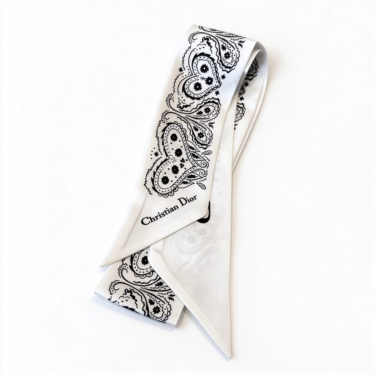 Dior Style Mitzah Skinny Silk Scarf – White & Black Paisley Bandeau, Luxury French Designer  Silk Hair Band & Waist Belt Scarf, Multi-Way Neck Wrap for Women