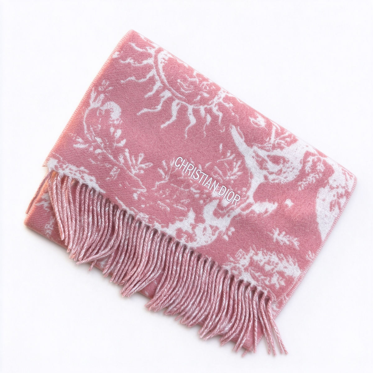 Christian Dior Sauvage Toile de Jouy Scarf – Rose Pink & Cream Cashmere Wool Blend with Fringe & Logo Detail | Luxury Designer Scarf for Women