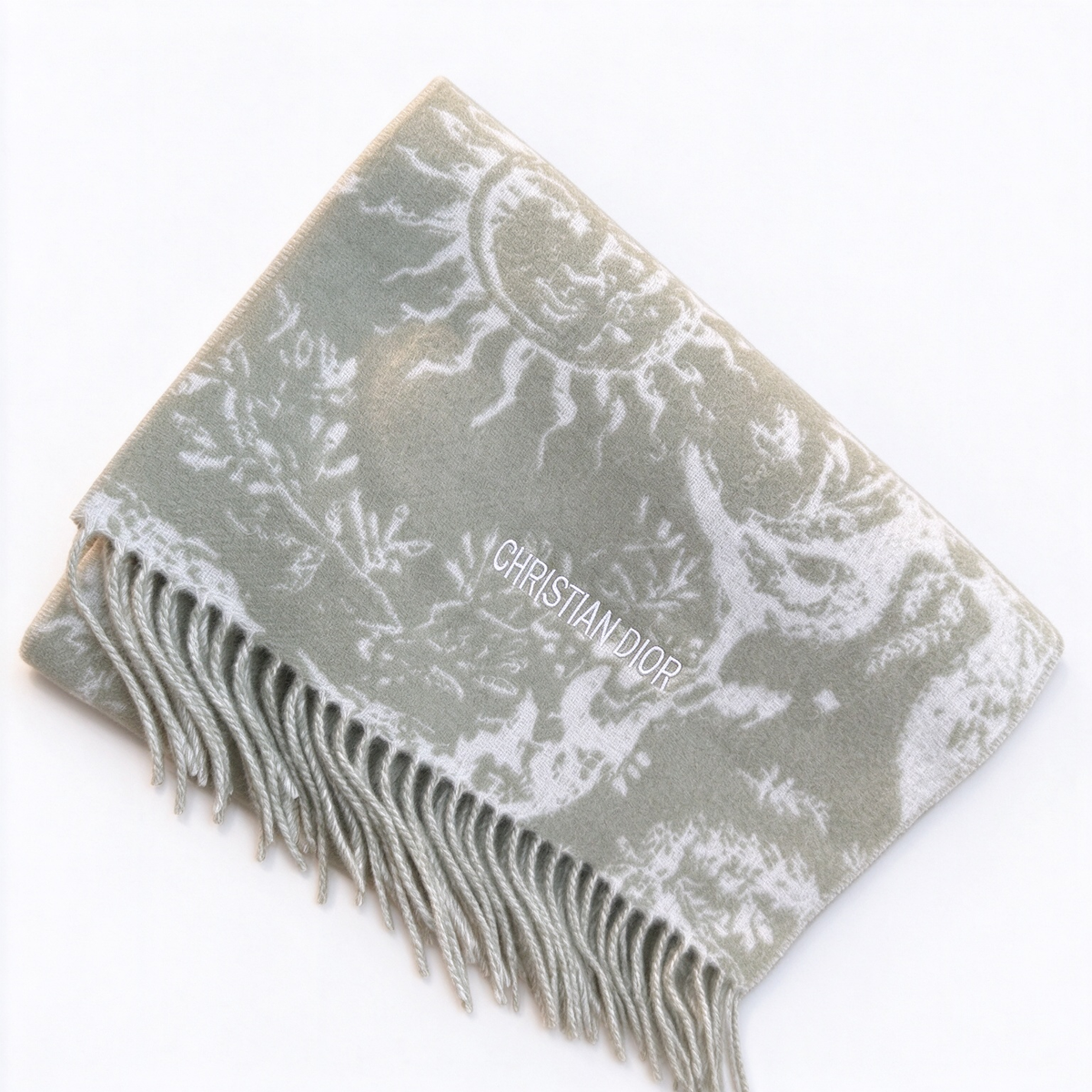 Christian Dior Sauvage Toile de Jouy Scarf – Olive Green & Cream Cashmere Wool Blend with Fringe & Logo Detail | Luxury Designer Scarf for Women