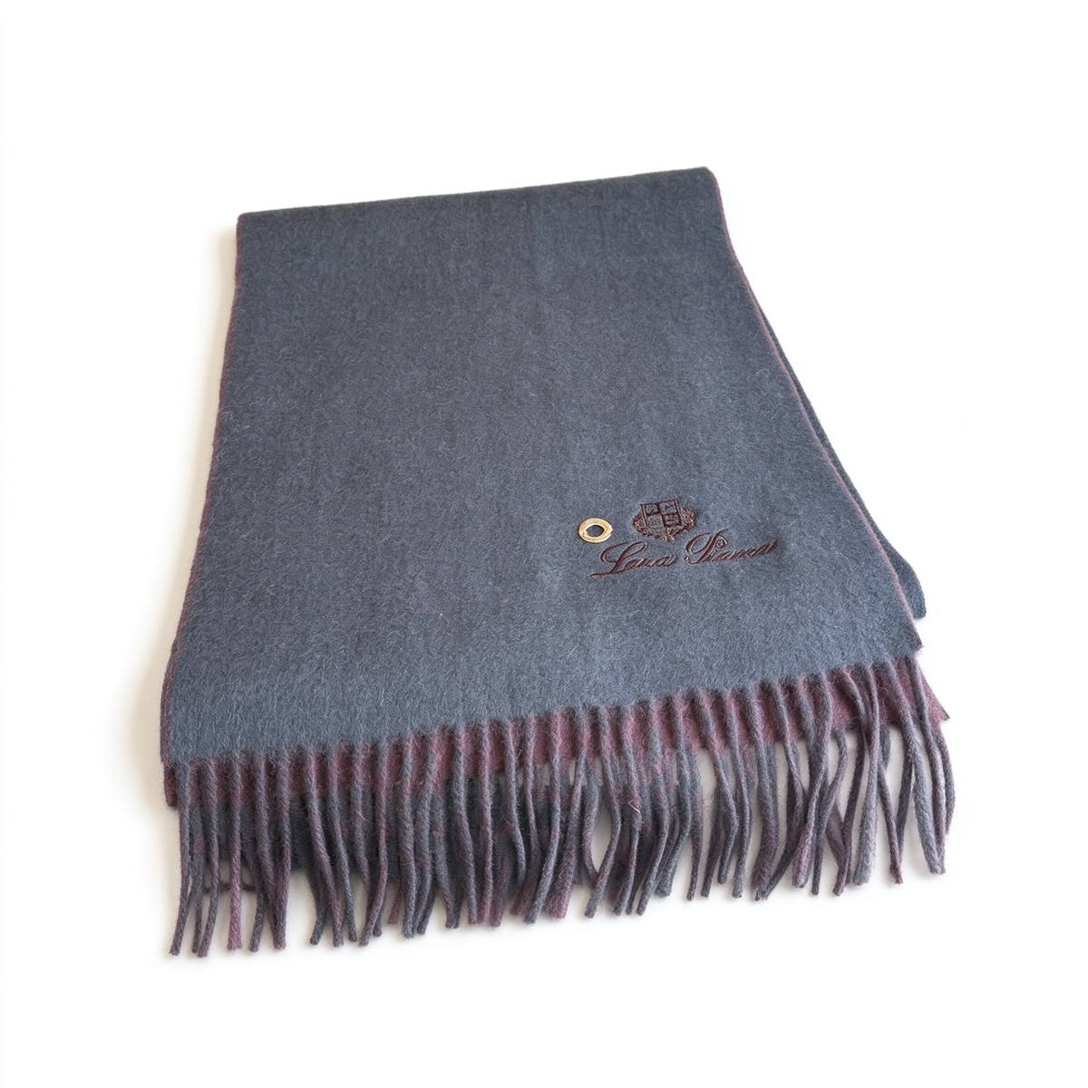 Loro Piana ReversibleCashmere Scarf | Luxury Winter Wrap in Charcoal Grey & Plum Burgundy | Embroidered Crest & Gold Grommet