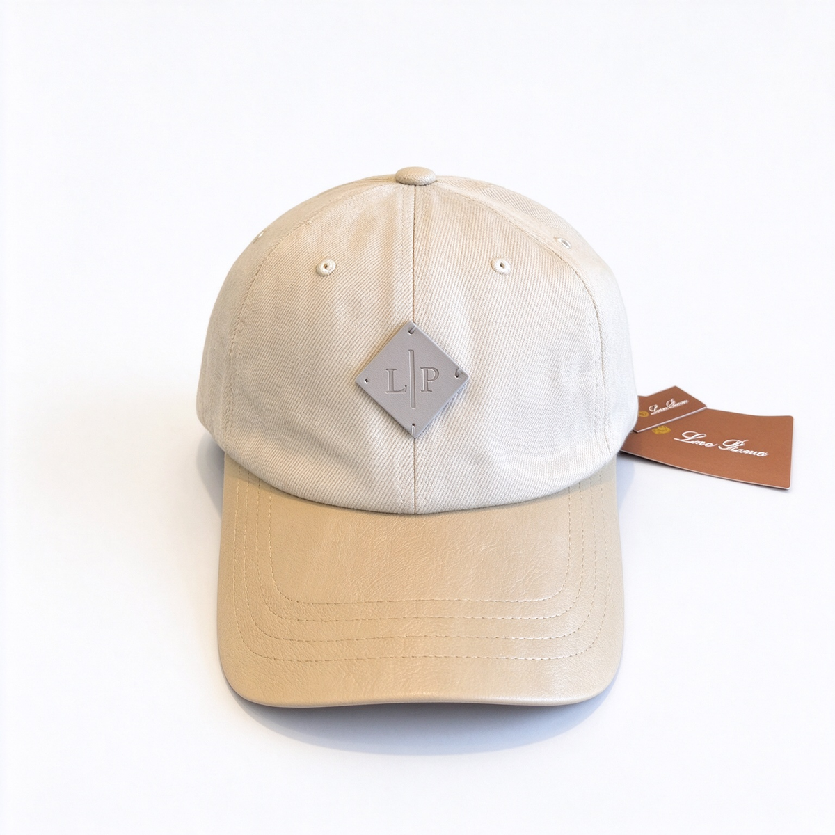 Loro Piana Beige/Sand Leather Trim Baseball Cap - Cotton Twill Dad Hat with Tan Calfskin Brim & Grey LP Diamond Patch, Designer Luxury Cap