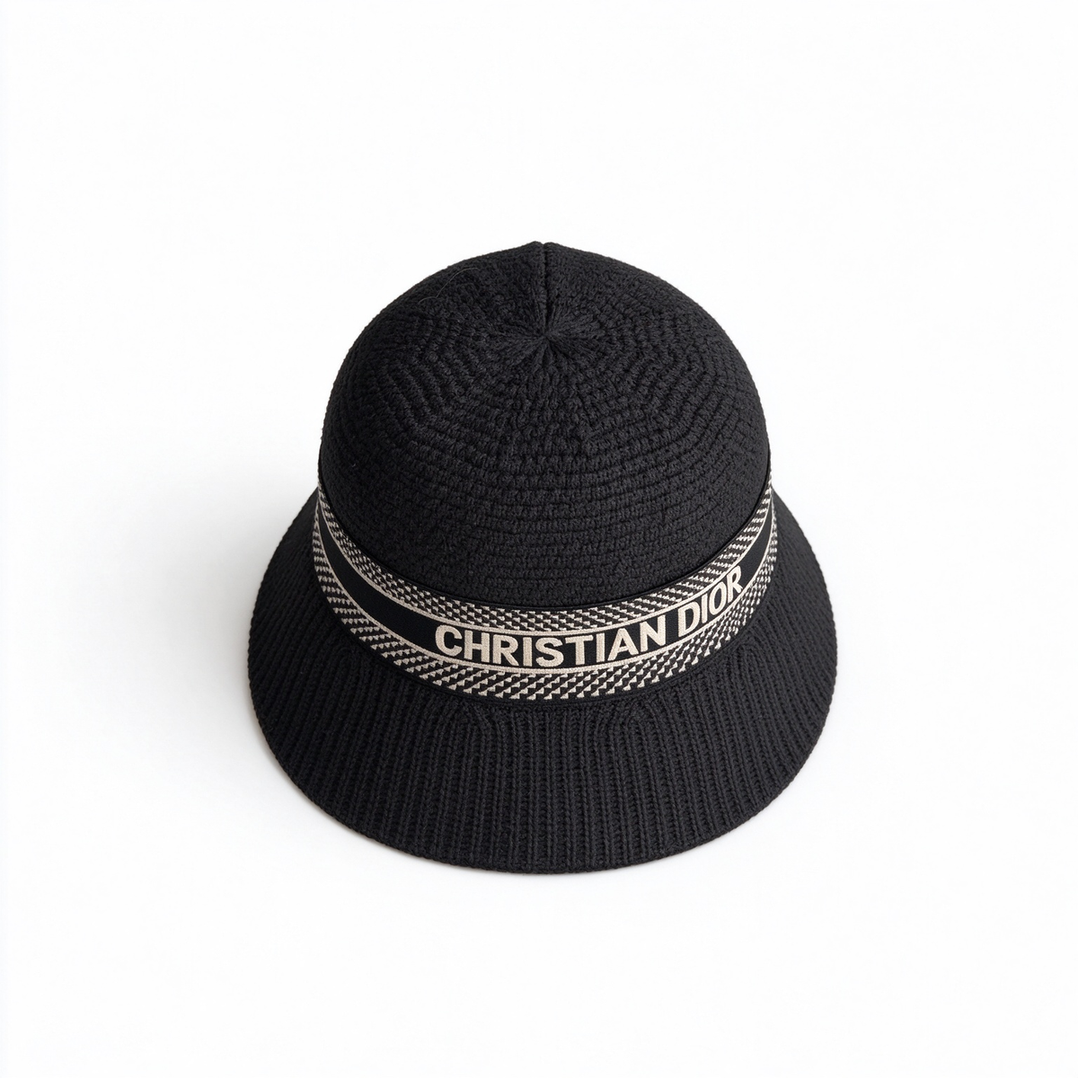 Dior Style Ribbed Knit Bucket Hat – Black Fisherman Hat with Christian Dior Houndstooth Jacquard Logo Band, Luxury Designer Casual Streetwear Sun Hat for Women & Men