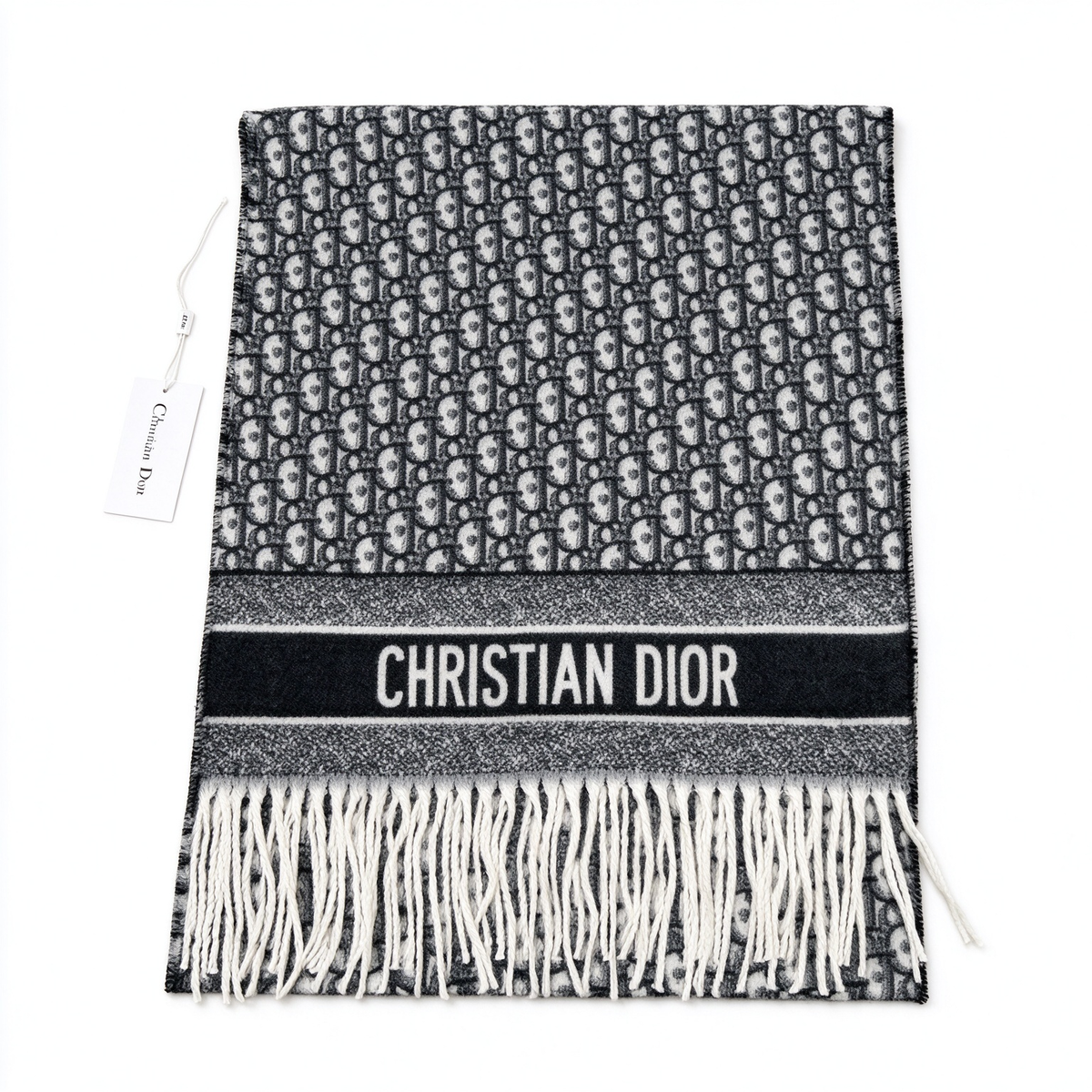 Dior Oblique Scarf in Black & White — Reversible Wool Silk Blend Logo Print Long Shawl with Fringe | Luxury Designer Fashion Accessory