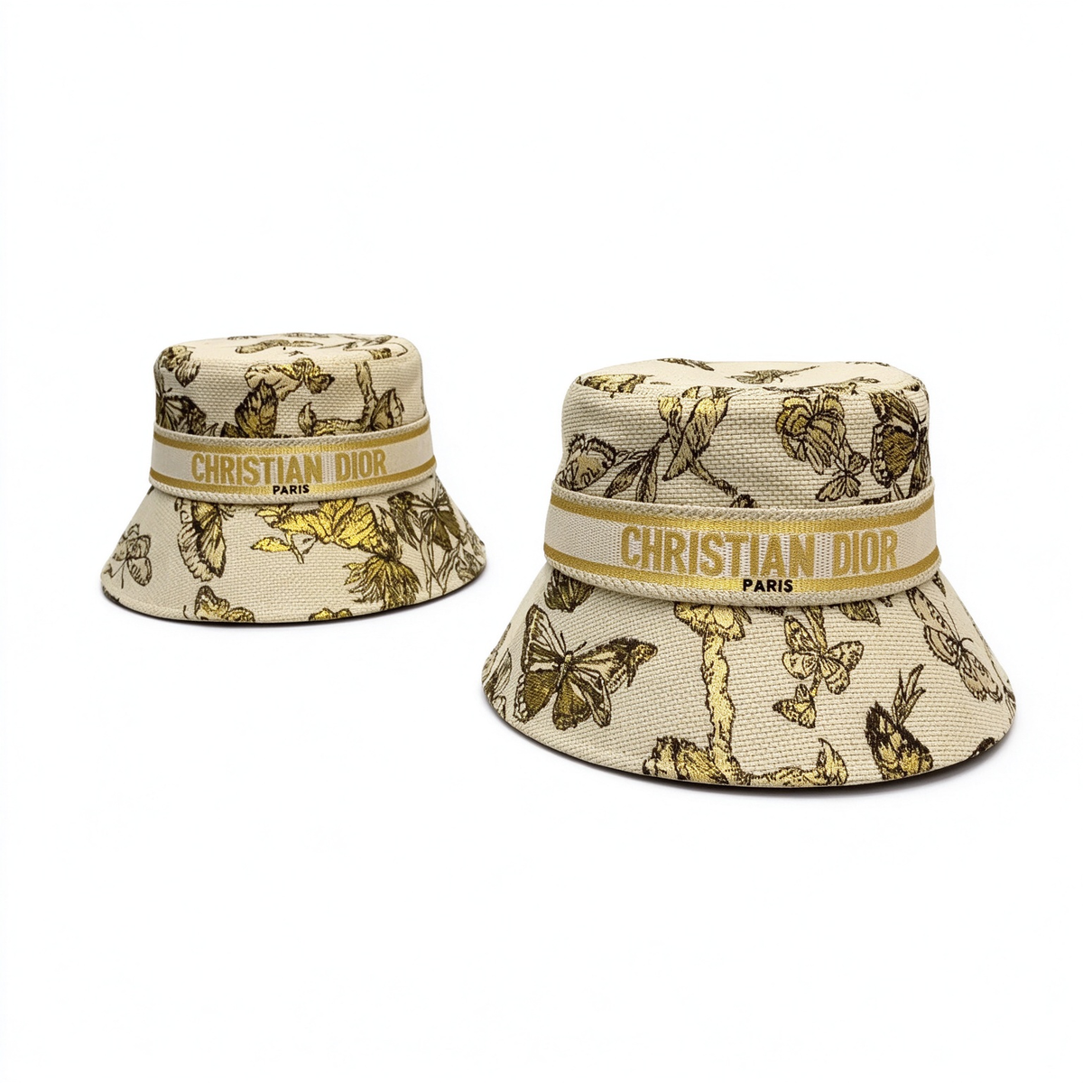 Dior Style Toile Butterfly Jacquard Bucket Hat – Beige & Gold All-Over Print Fisherman Hat with Christian Dior Paris Band, Luxury French Designer Sun Hat for Women,