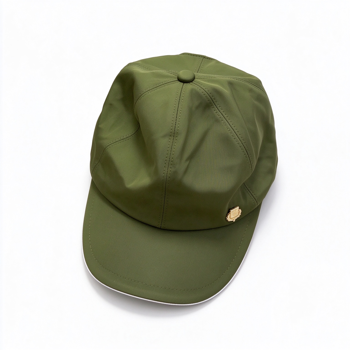 Loro Piana Storm System  Baseball Cap | Olive Green Waterproof Wind Microfiber Hat with White Trim & Gold Crest Badge
