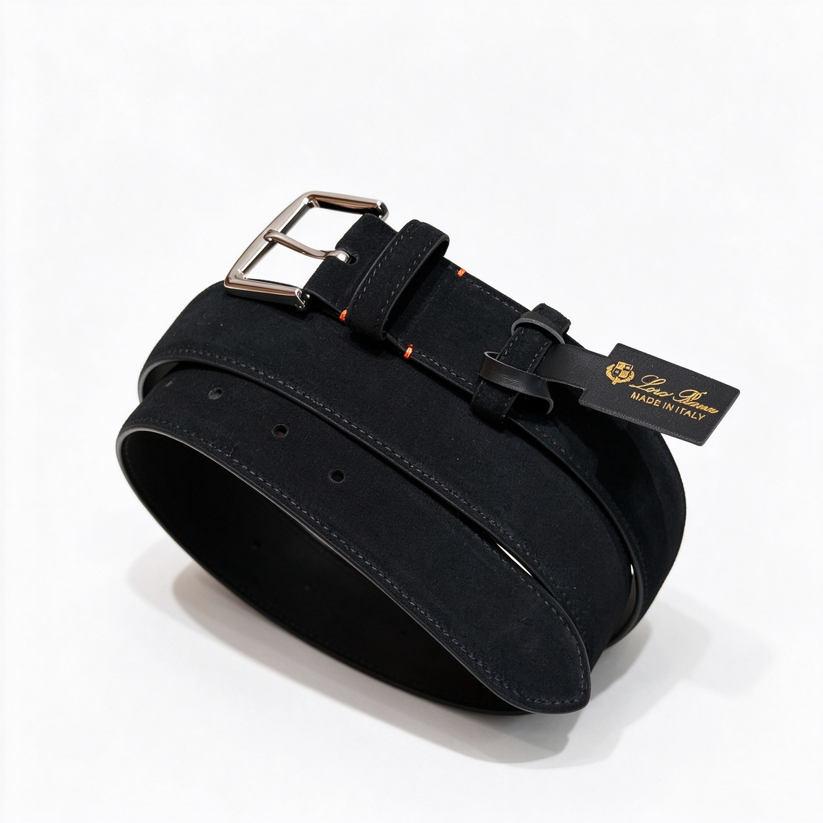 Loro Piana Men's Suede Leather Belt in Black with Silver-Tone Buckle — Italian Crafted Luxury Casual Belt | Premium Designer Fashion Accessories