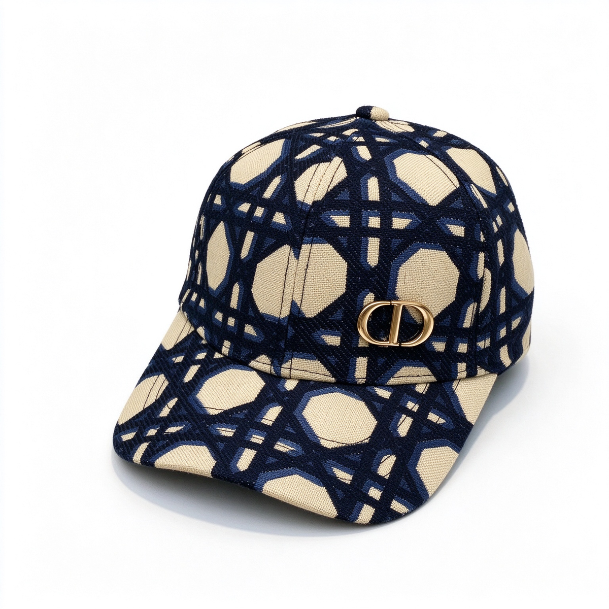 Dior Style Geometric Jacquard Baseball Cap – Navy Blue & Ecru All-Over Print Trucker Hat with Gold CD Logo, Luxury French Designer Cotton Sports Cap for Men & Women
