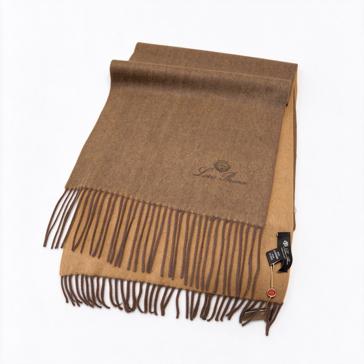 Loro Piana Cashmere Unita Scarf (Cognac Brown) | Embroidered Logo & Tassel Luxury Wrap — A Sophisticated Accessory for Men and Women