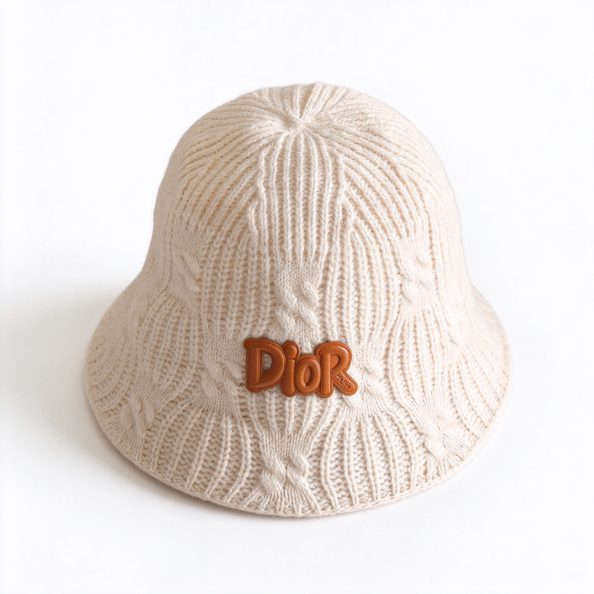 Dior Style Cable Knit Bucket Hat – Oatmeal Camel Wool Blend Fisherman Hat with Brown Leather Dior Logo Patch,