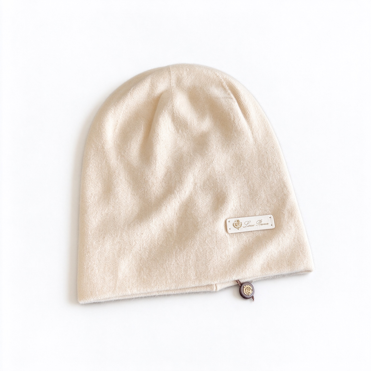 Loro Piana Cashmere Beanie Hat - Ivory/Cream Pure Cashmere Knit Cold Hat with Leather Label, Designer Luxury Winter Headwear