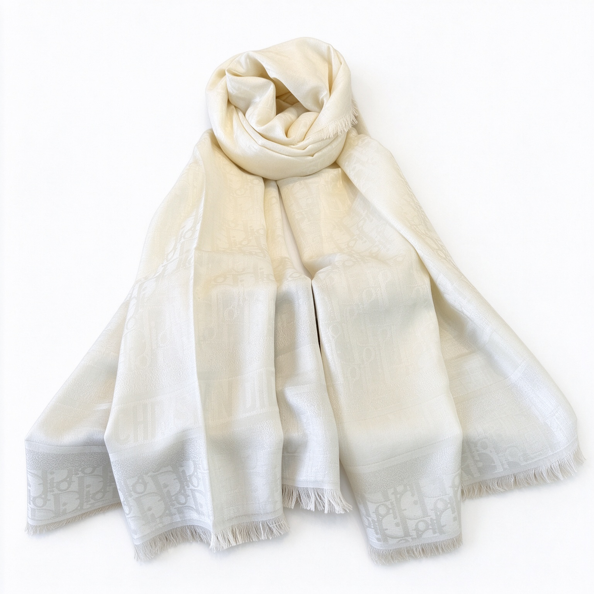 Christian Dior Oblique Silk Wool Blend Shawl – Ivory & Ecru Monogram Fringed Wrap  | Luxury Designer Scarf