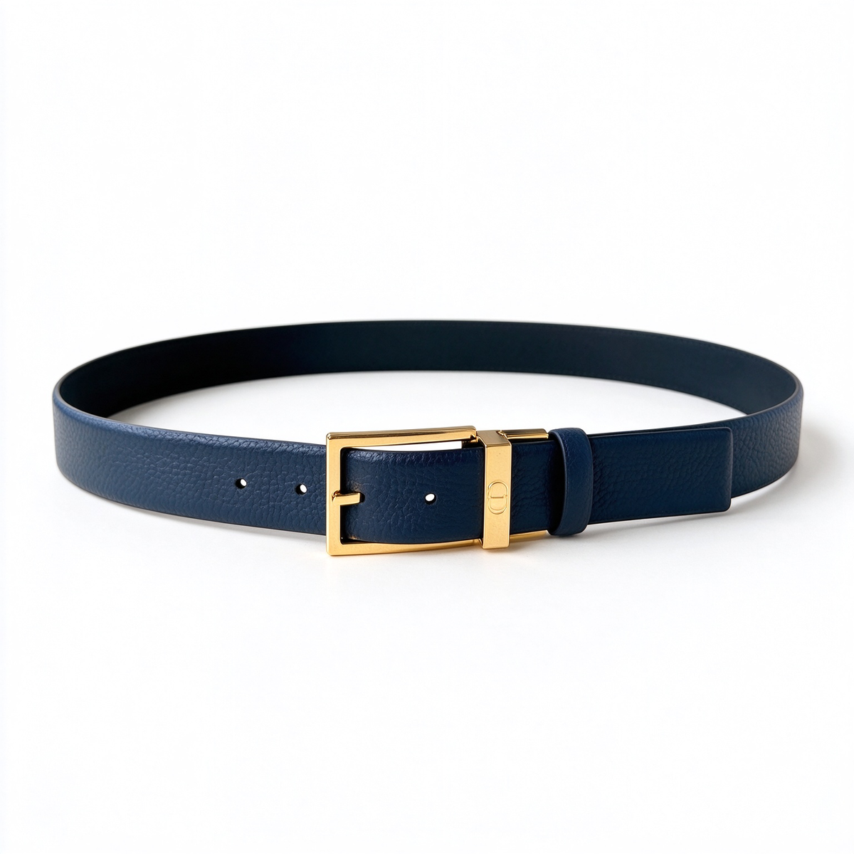 Dior Reversible Leather Belt | Navy Blue & Black Grained Calfskin with Gold-Tone CD Buckle, 3.5cm Width