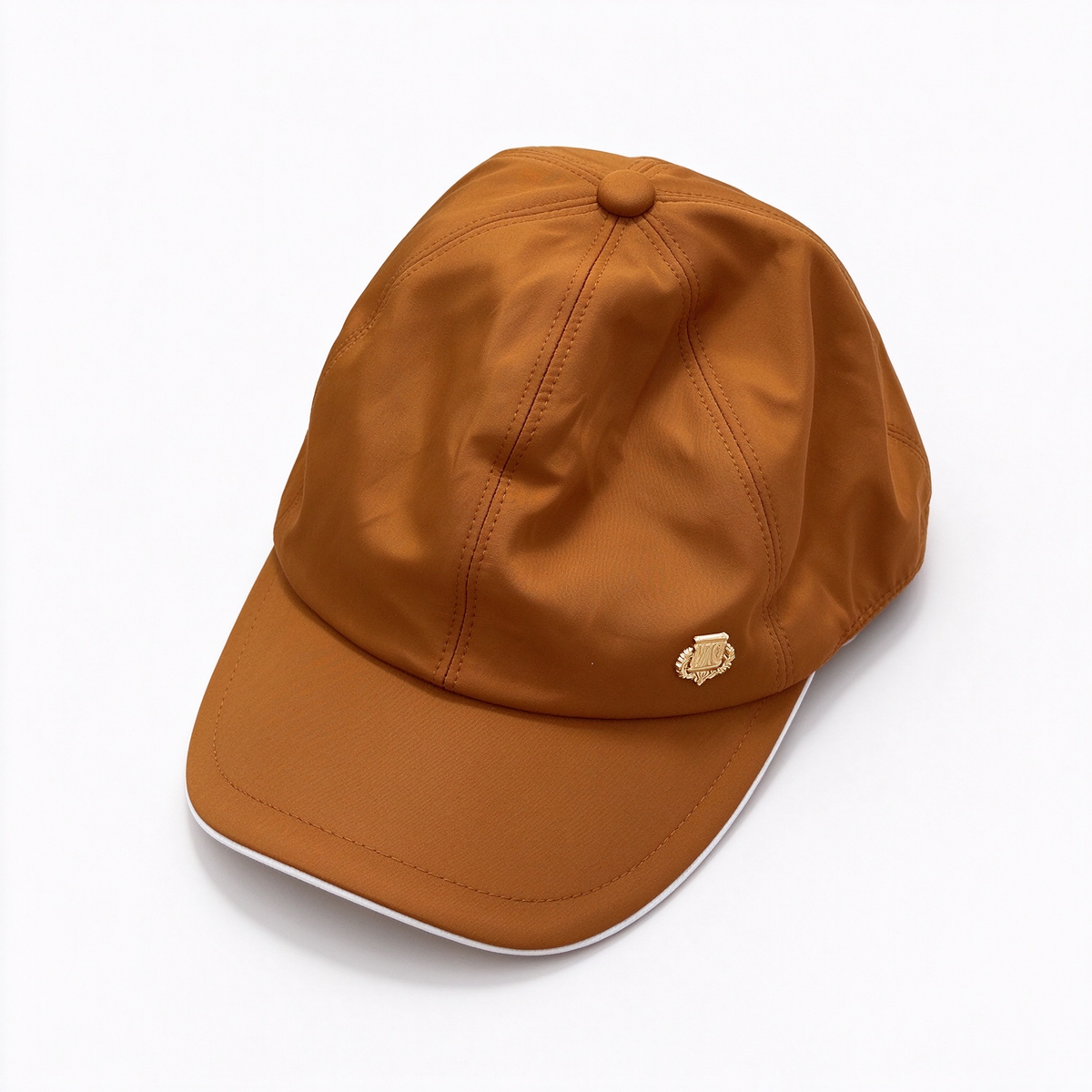 Loro Piana Storm System  Baseball Cap | Caramel Amber Waterproof Wind Microfiber Hat with White Trim & Gold Crest Badge