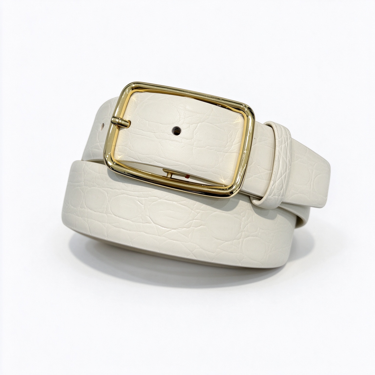 Loro Piana Crocodile-Embossed Leather Belt - Ivory/Off-White Italian Calfskin with Gold Pin Buckle, Designer Luxury Waist Belt