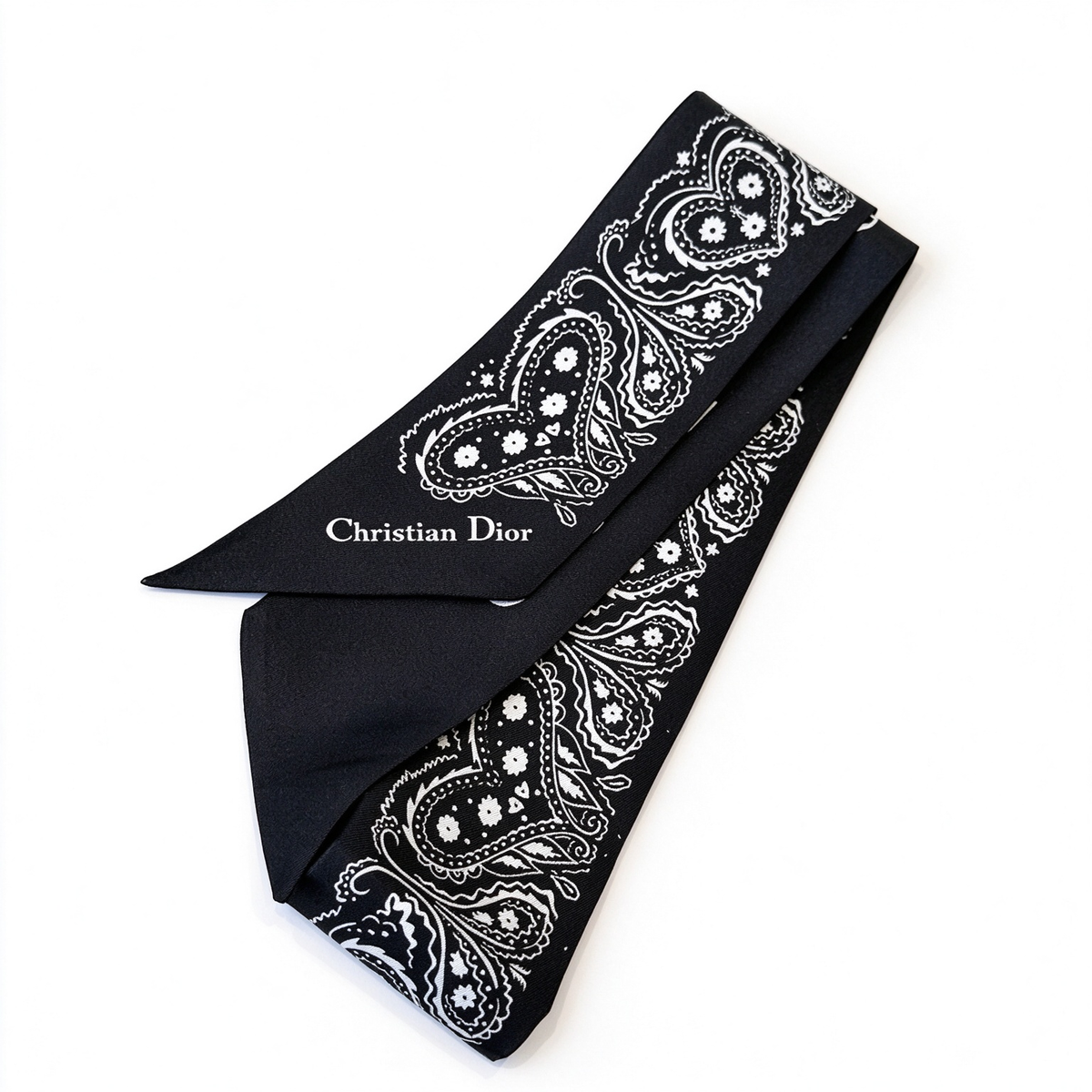 Dior-style slim silk scarf—black paisley pattern, a designer-style women’s silk scarf with a touch of French luxury