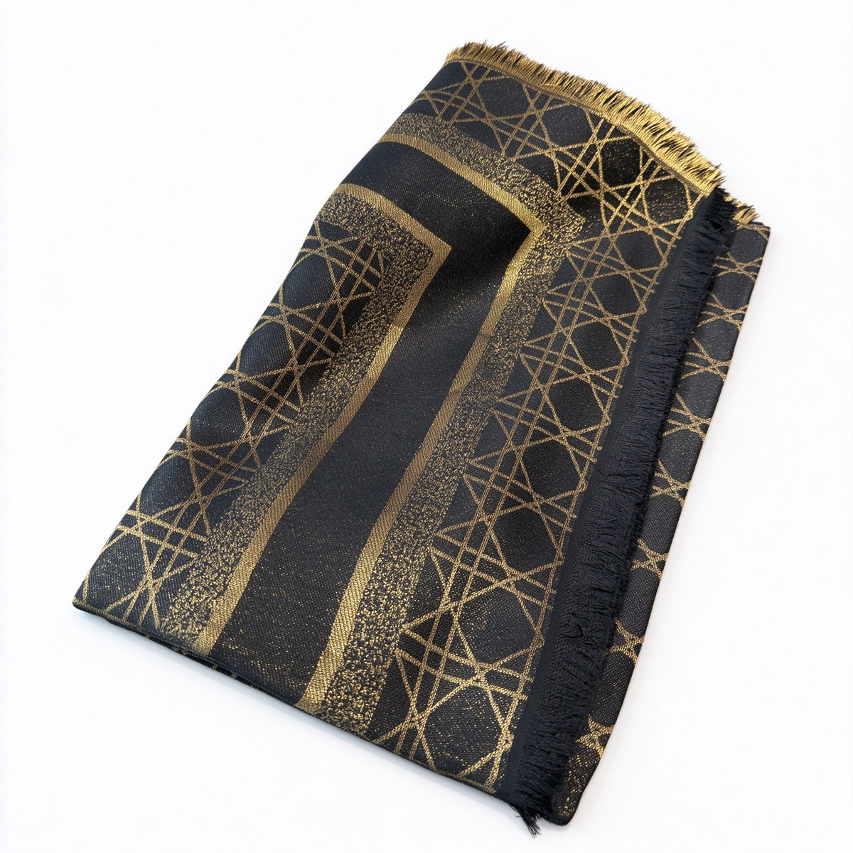 Christian Dior Tourbillon Scarf – Black & Gold Reversible Cashmere Wool Blend with Fringe | Luxury Designer Winter Accessory
