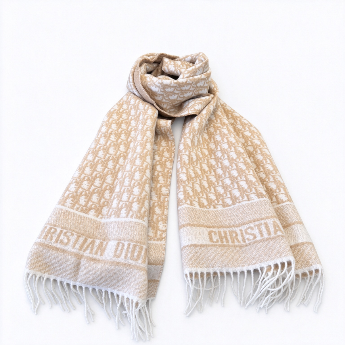 Dior Oblique Jacquard Scarf | Beige & White  Wool Wrap | Embroidered Logo Band & Fringed Stole