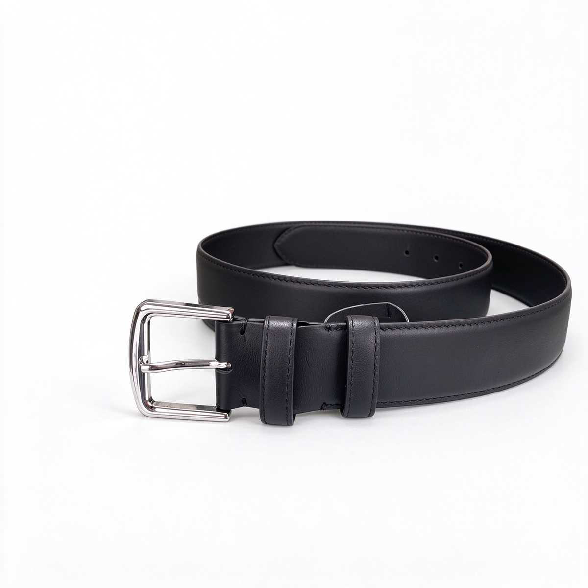 Loro Piana Classic Calfskin Leather Belt - Matte Black Italian Leather with Polished Silver Pin Buckle, Designer Luxury Waist Belt