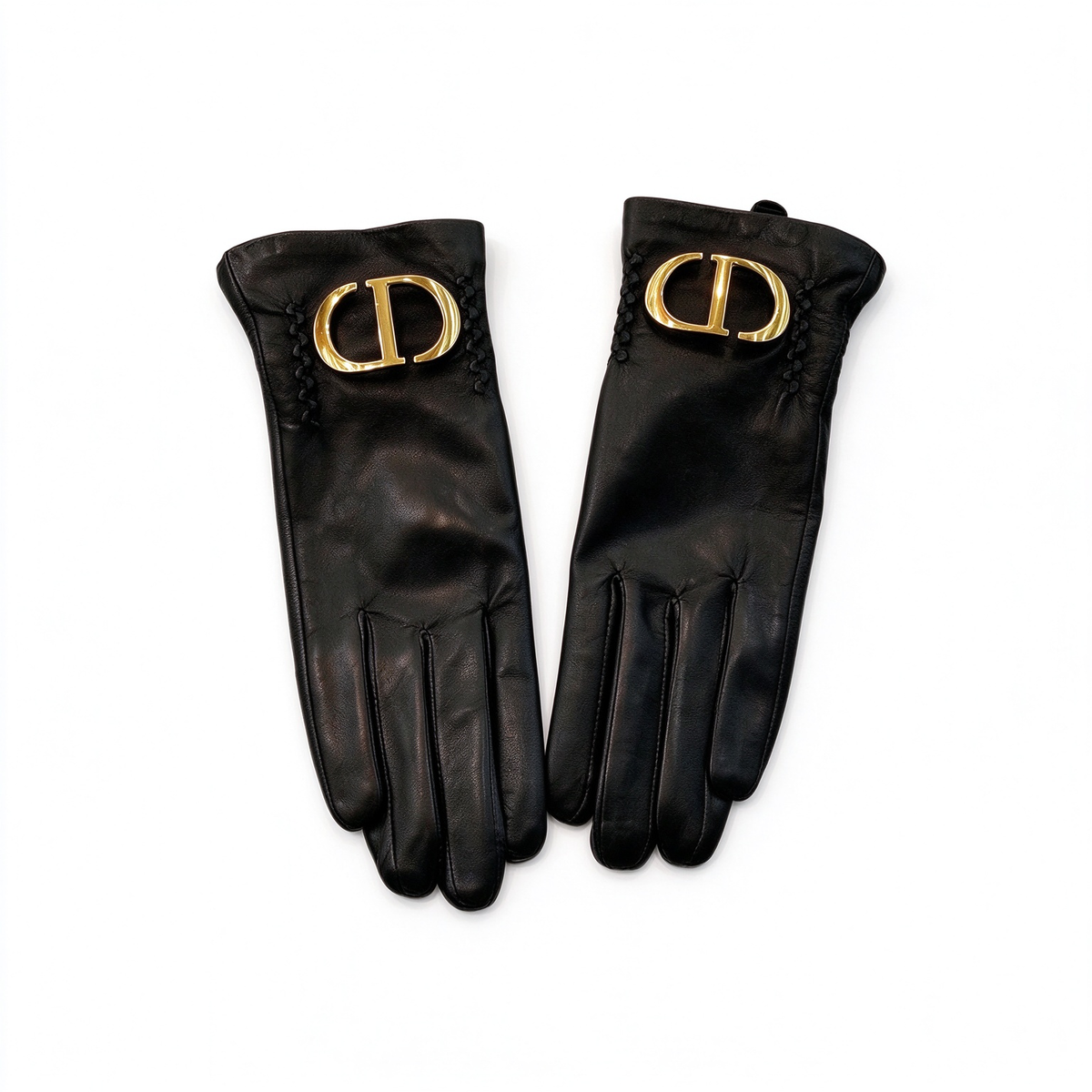 Dior 30 Montaigne Lambskin Gloves | Black Leather with Gold-Tone CD Buckle & Braided Detail