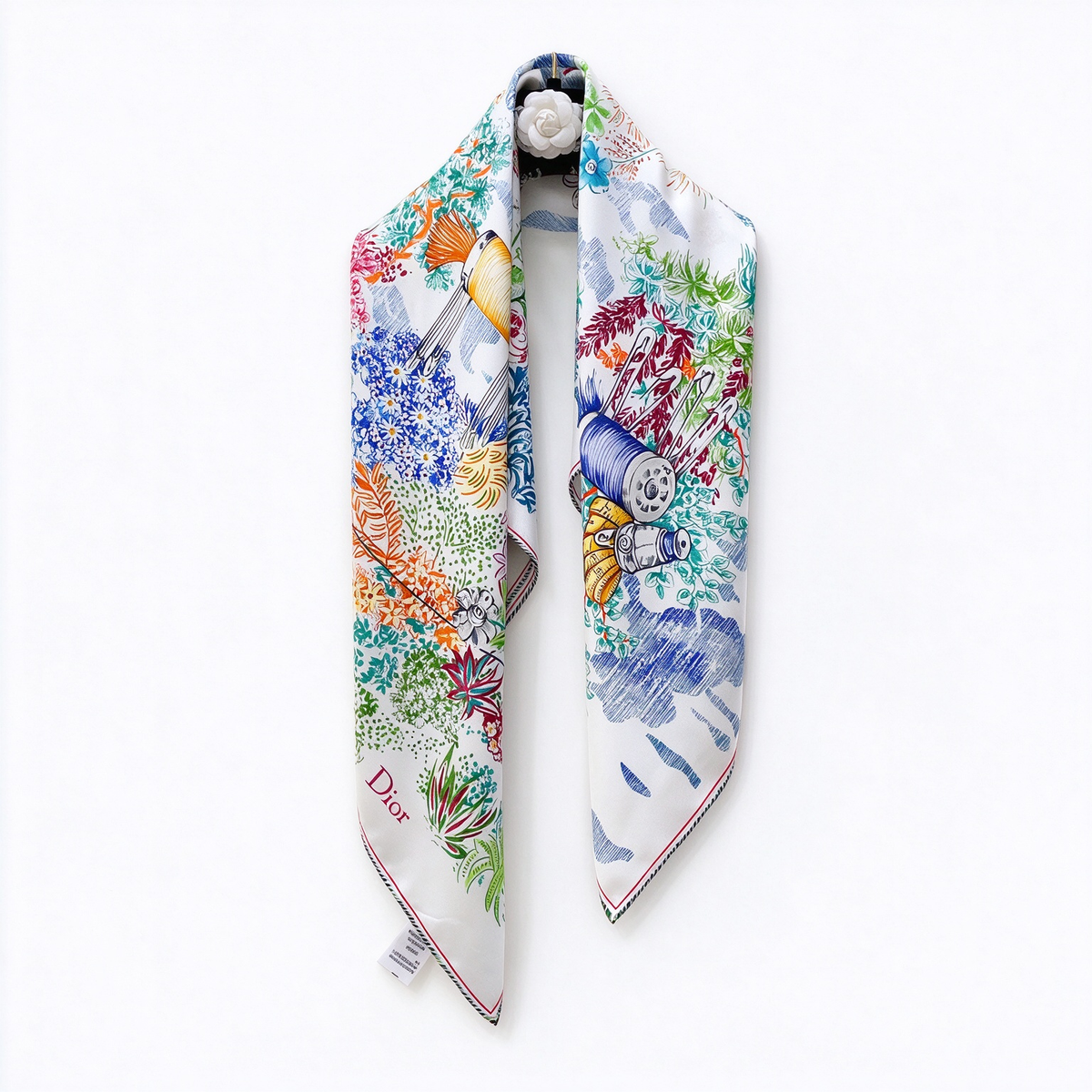 Jonathan Anderson Designs Dior Atelier Silk Square Scarf — Featuring Colorful "Haute Couture Tools" and "Botanical Garden" Prints | Luxury Designer Accessories