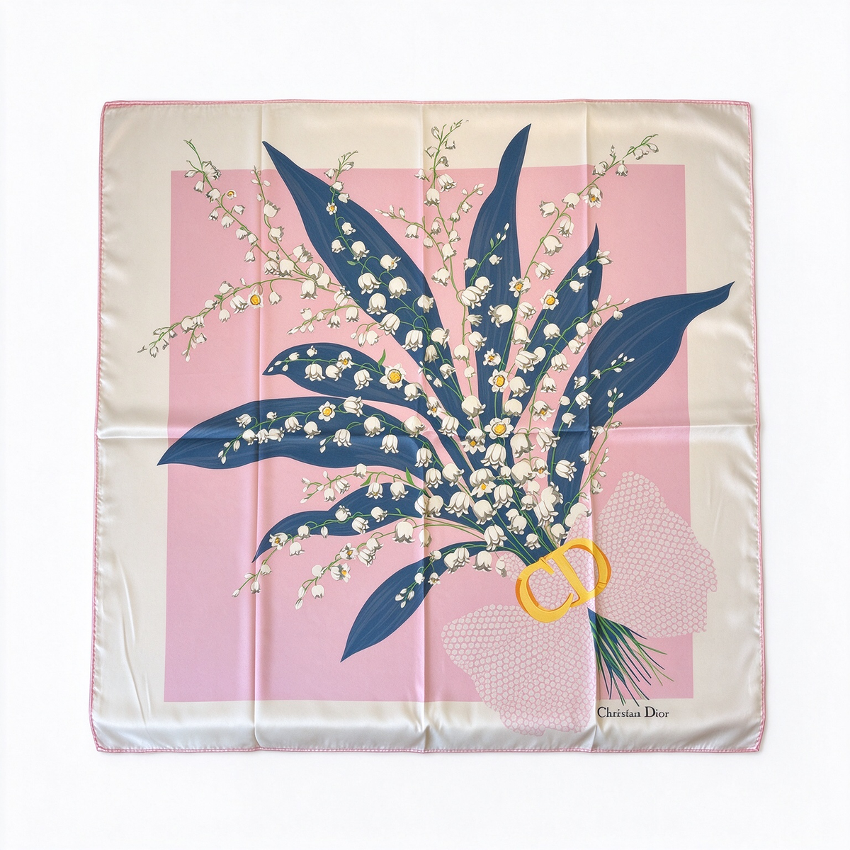 Christian Dior Muguet (Lily of the Valley) Silk Square Scarf – Pink and Navy Lily of the Valley Print | A Designer Accessory Symbolizing Good Luck