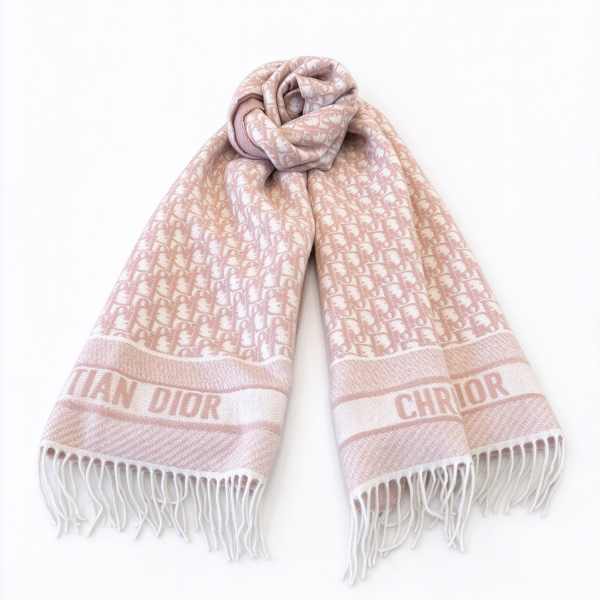 Dior Oblique Jacquard Scarf | Blush Pink & Ivory Wool Wrap | Embroidered Logo Band & Fringed Luxury Stole