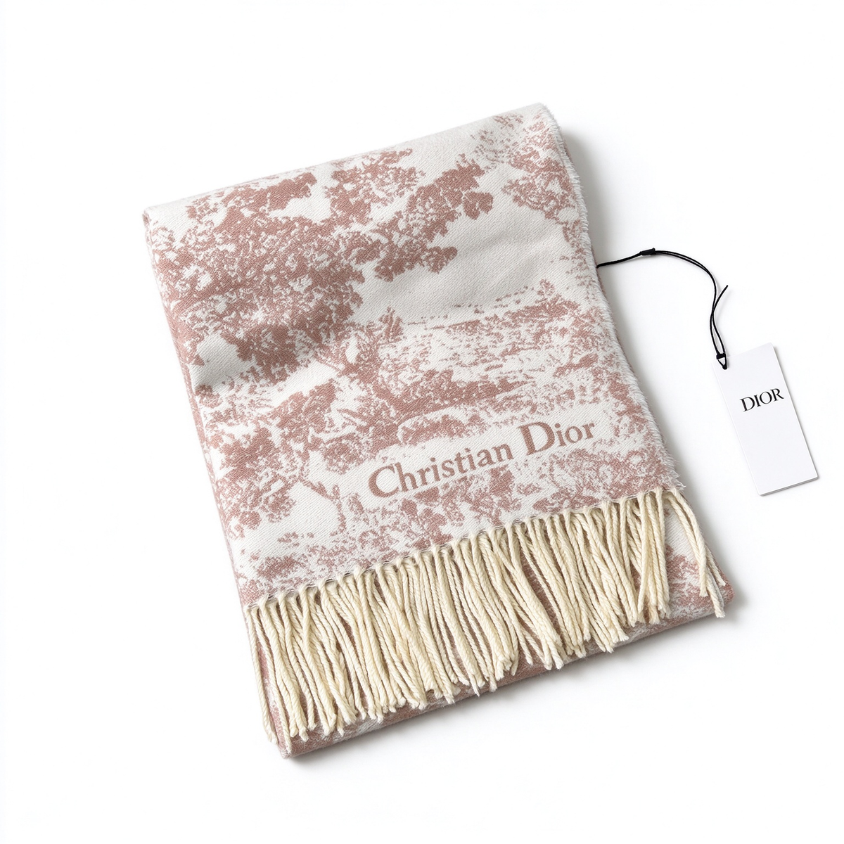 Dior Sauvage Toile de Jouy Scarf | Blush Pink & Ivory Cashmere Wool Wrap | Embroidered Logo & Fringed Shawl