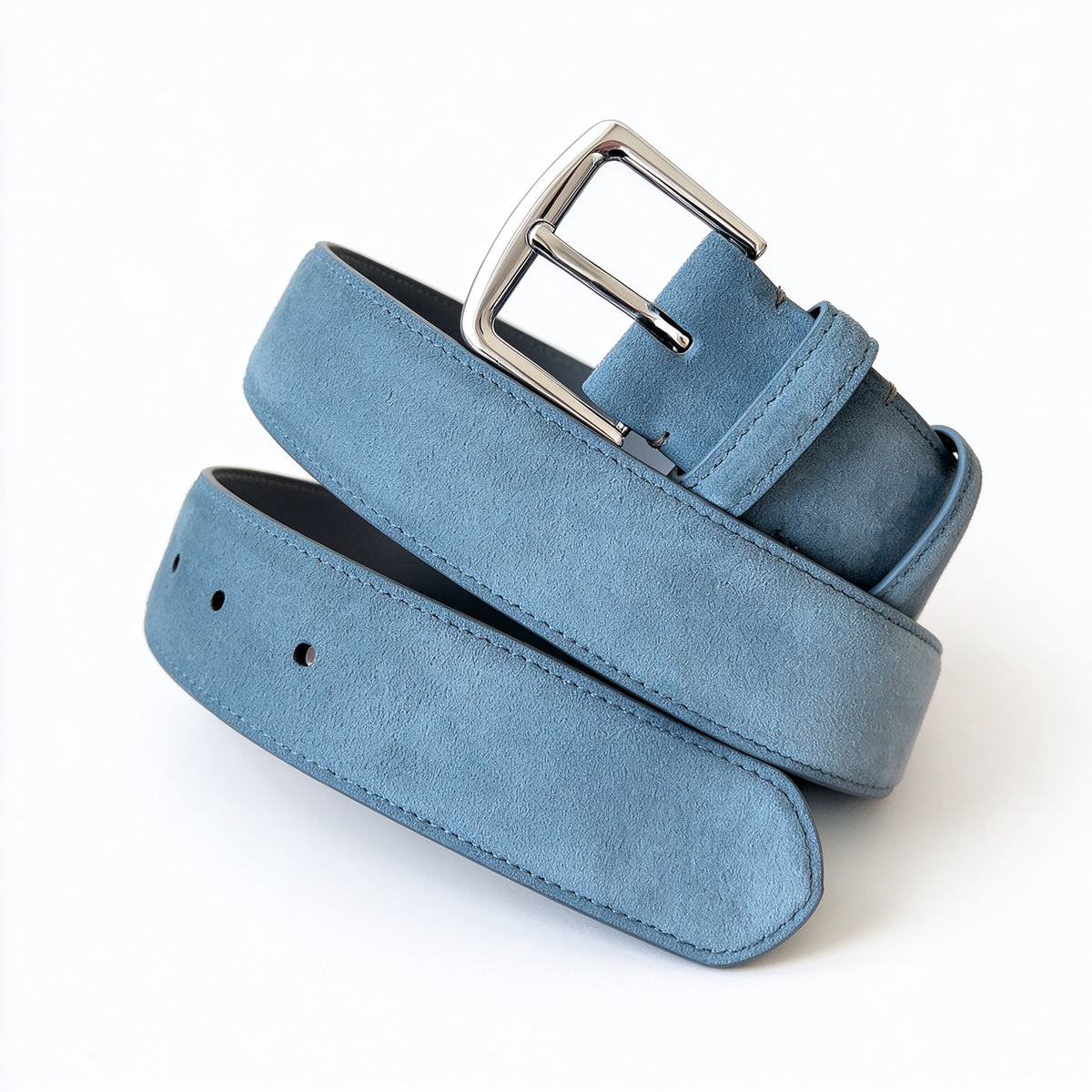 Loro Piana Men's Suede Leather Belt in Light Blue-Gray with Silver-Tone Buckle — Italian Crafted Luxury Casual Belt | Premium Designer Fashion Accessories