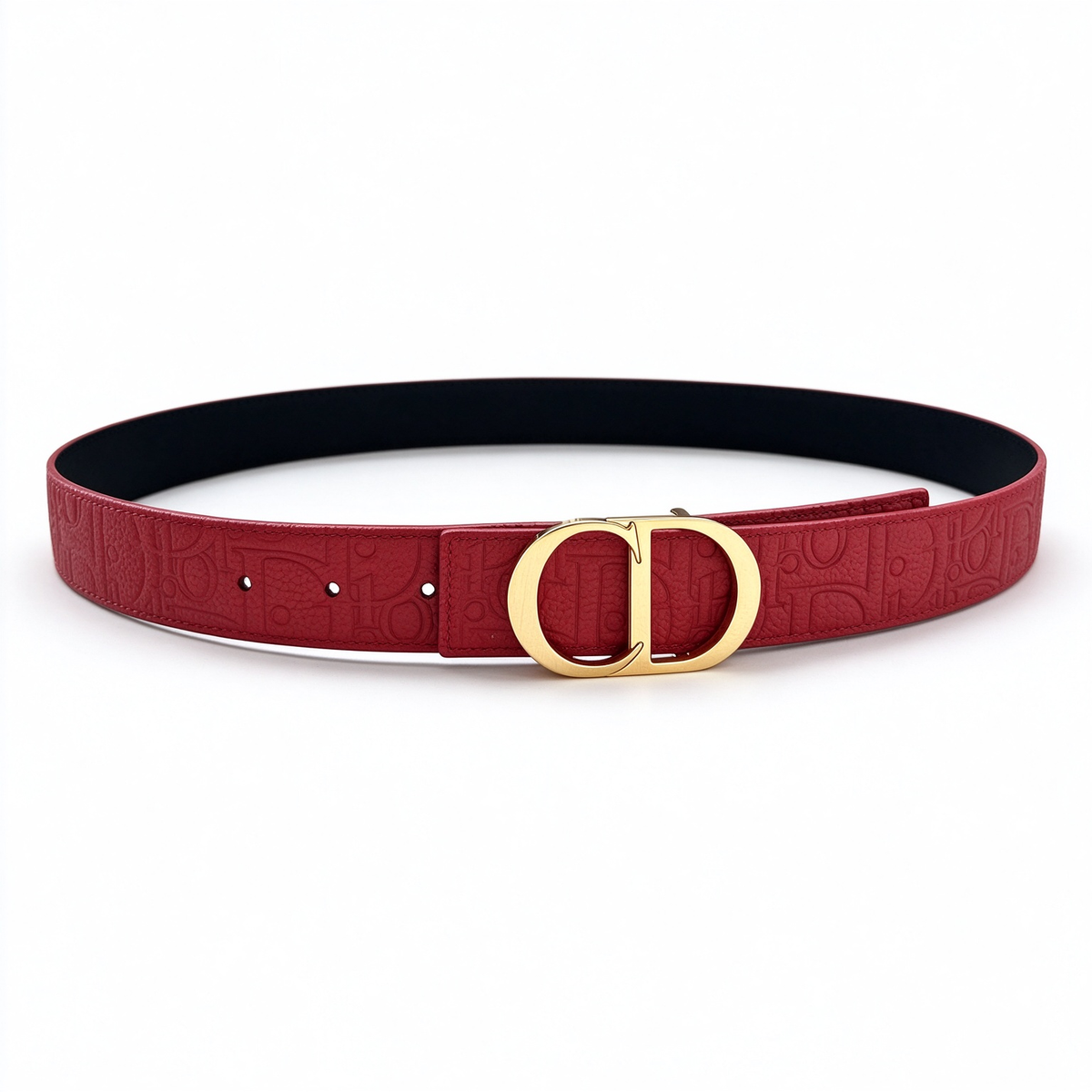 Dior 30 Montaigne Burgundy Red Oblique Embossed Leather Belt | Large Gold CD Buckle — Luxury Designer Wide Waist Belt