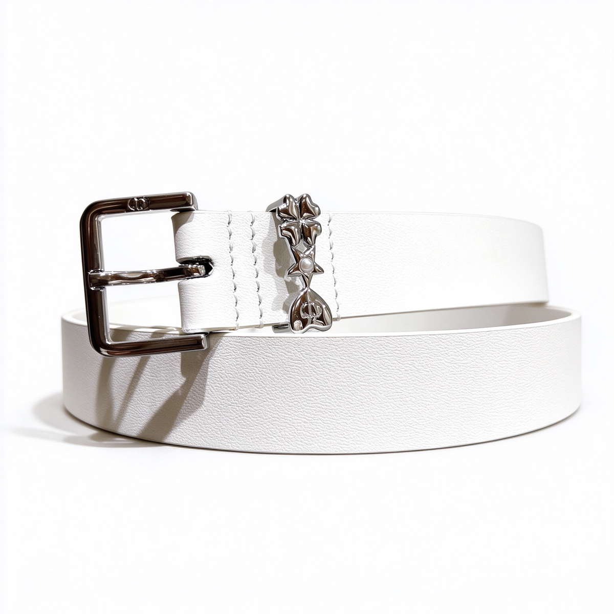Christian Dior White Leather Belt | Silver Charm Heart Pearl Star Detail Pin Buckle — Luxury Designer Skinny Waist Belt