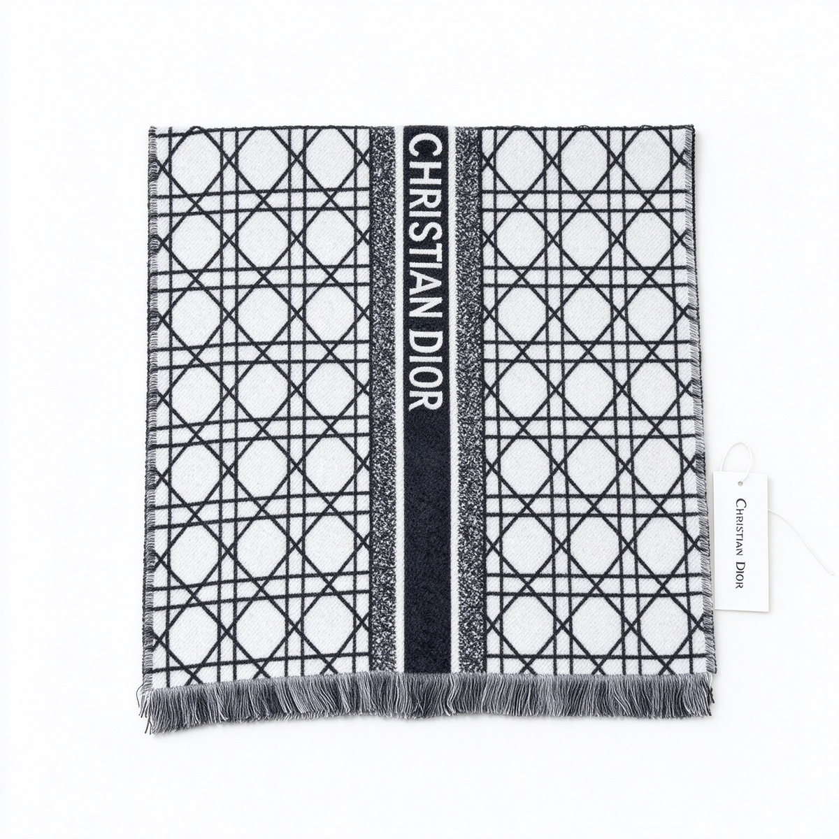 Christian Dior Cannage Scarf in Black & White — Reversible Wool Silk Blend Logo Shawl with Fringe | Luxury Designer Fashion Accessory