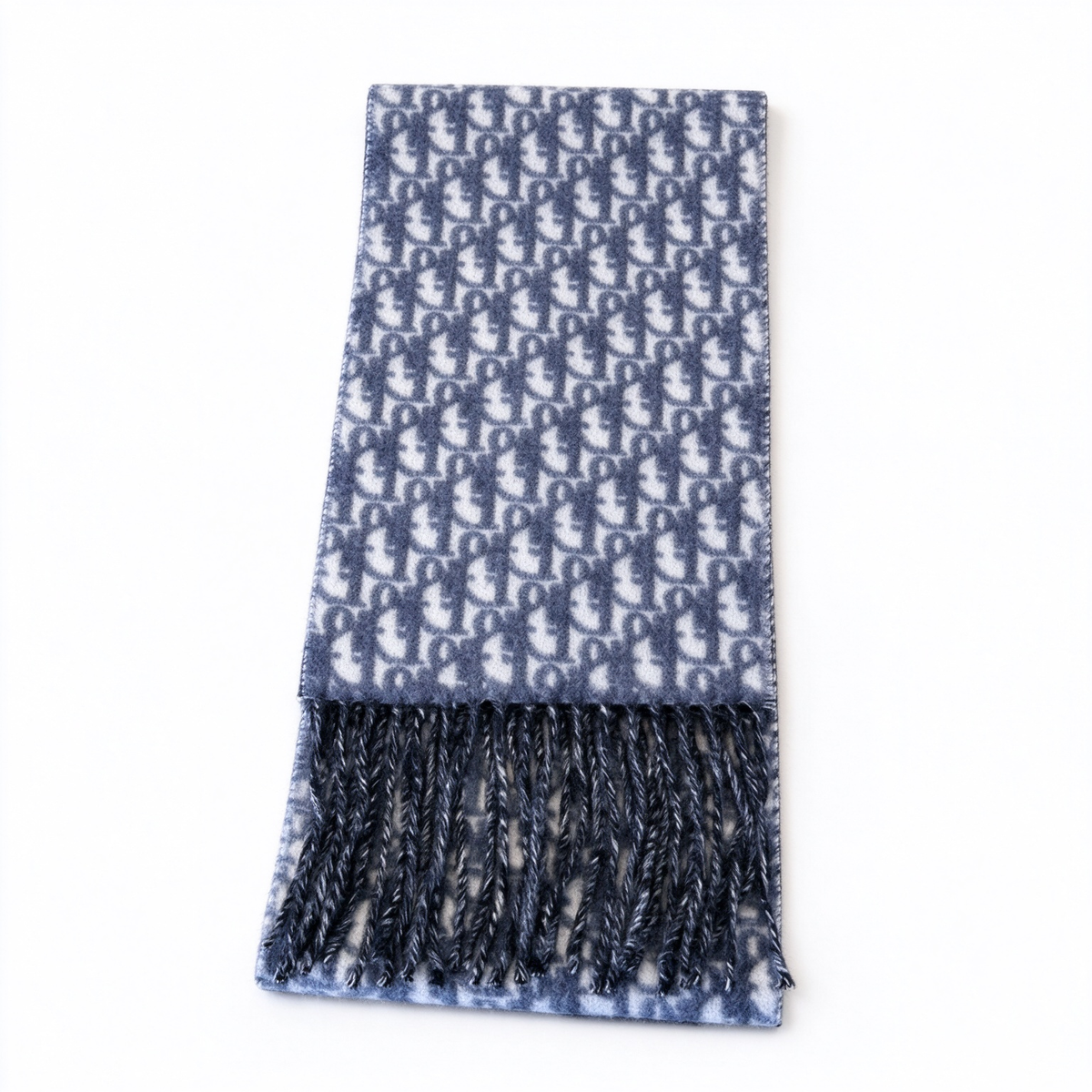 Dior Oblique Scarf in Navy Blue Gradient — Reversible Wool Silk Blend Logo Print Long Shawl with Fringe | Luxury Designer Fashion Accessory