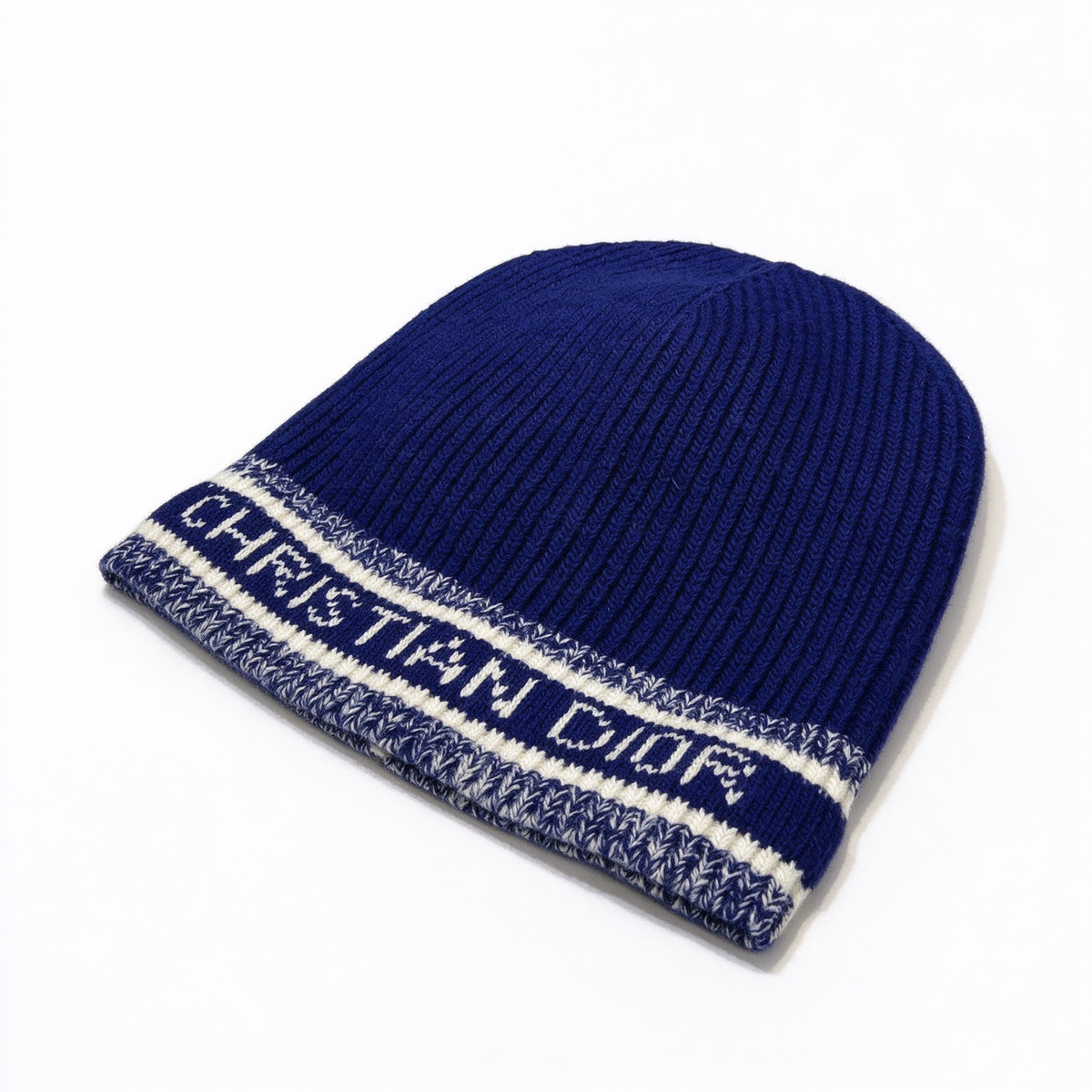 Dior Style Christian Dior Knit Beanie – Navy Blue & Ivory Ribbed Wool Hat with Contrast Striped Logo Band, Luxury French Designer Winter Cold Weather Cap for Men & Women