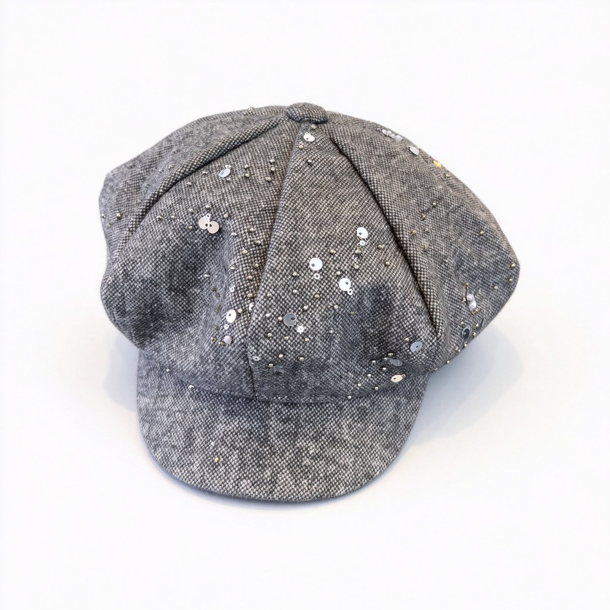 Dior Style Sequined Wool Herringbone Newsboy Cap – Grey Tweed Baker Boy Hat with Silver Sequins, Beads & Dior Logo Badge, Luxury French Designer Winter Cap for Women