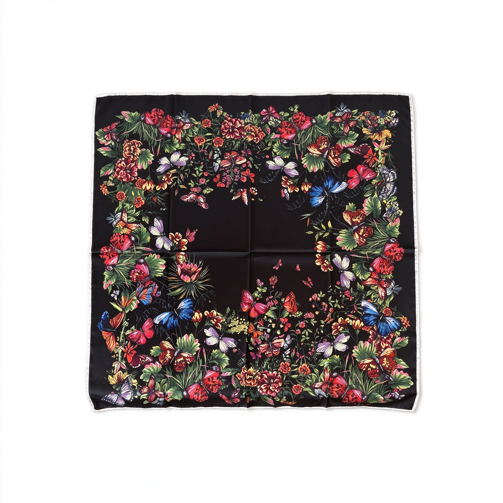 Christian Dior Bal Butterfly & Floral Silk Scarf – Black Multicolor Butterfly Garden Print | Luxury Designer Accessory