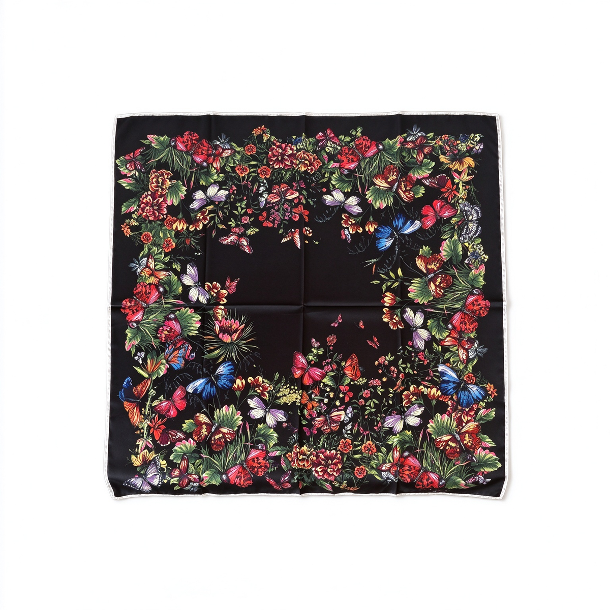 Christian Dior Bal Butterfly & Floral Silk Scarf – Black Multicolor Butterfly Garden Print | Luxury Designer Accessory