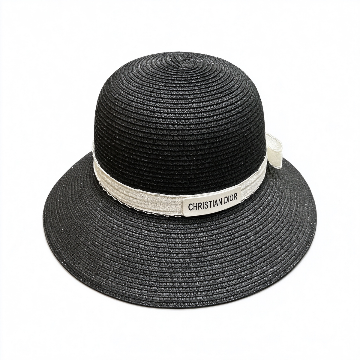 Dior Style Straw Sun Hat – Black Woven Wide Brim Beach Hat with Ivory Ribbon & Christian Dior Logo Plaque, Luxury French Designer Summer Resort Hat for Women