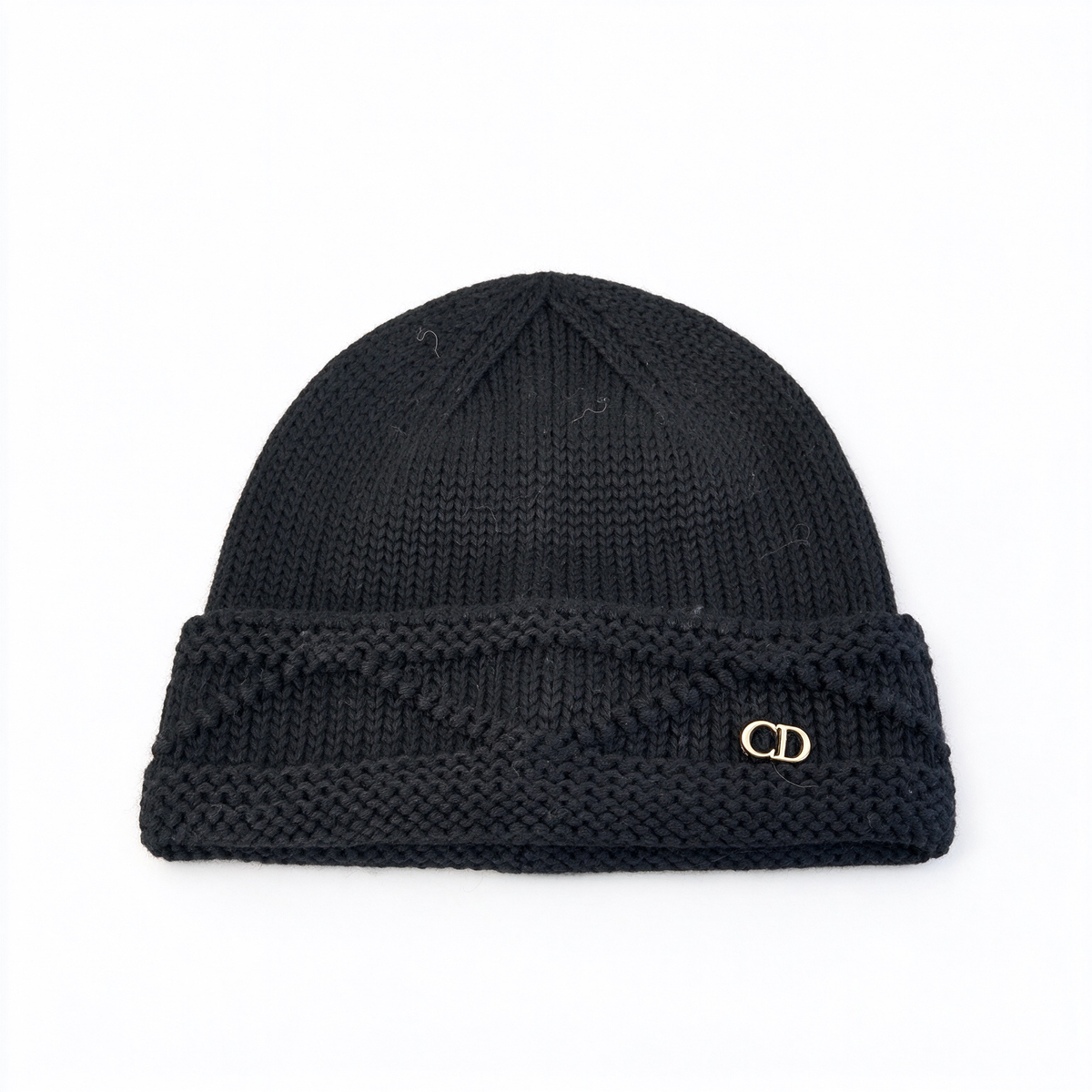 Dior Style CD Logo Knit Beanie – Jet Black Wool Blend Ribbed Cold Weather Hat with Gold CD Metal Badge, Luxury French Designer Winter Cap for Men & Women
