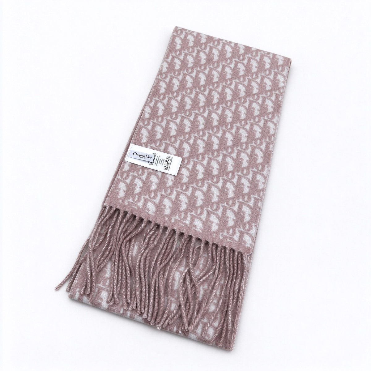 Dior Oblique Jacquard Scarf | Dusty Pink & Light Grey Reversible  Wool Wrap | Embroidered Logo Fringed Stole