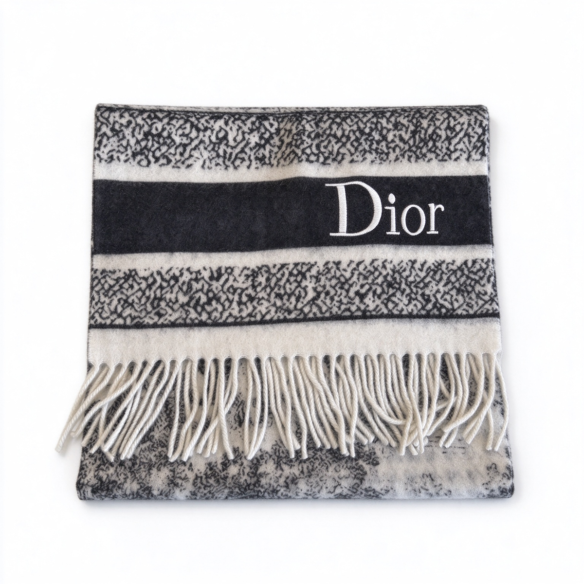 Christian Dior Striped Logo Scarf – Black & White Wool Cashmere Blend with Thick Fringe | Luxury Designer Winter Accessory