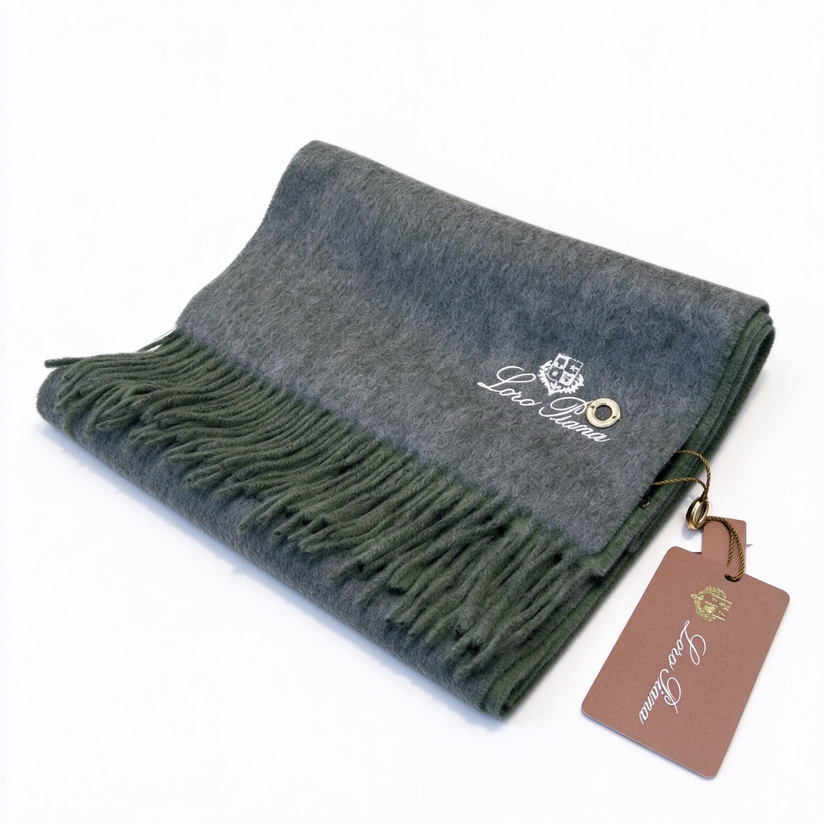 Loro Piana Gifts  Cashmere Scarf | Reversible Luxury Wrap in Steel Grey & Forest Green | Embroidered Crest & Gold Grommet