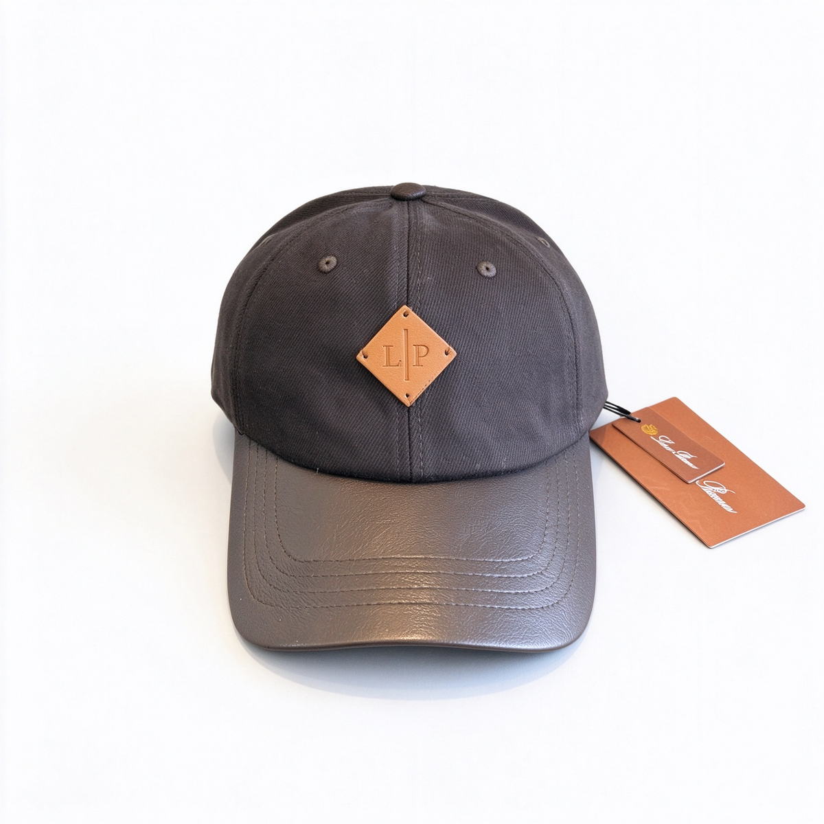 Loro Piana Leather Trim Baseball Cap - Charcoal/Dark Brown Cotton Twill Dad Hat with Tan Leather Brim & Diamond LP Patch, Designer Luxury Cap