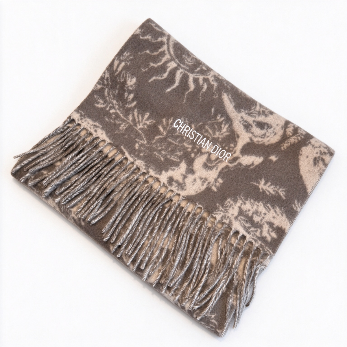 Christian Dior Sauvage Toile de Jouy Scarf – Deep Grey & Beige Cashmere Wool Blend with Fringe & Logo Detail | Luxury Designer Scarf for Women