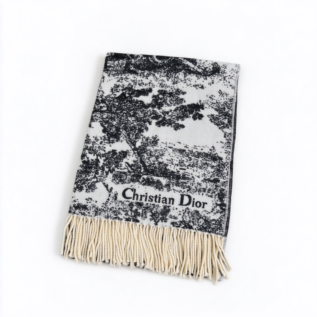 Dior Toile de Jouy Scarf | Black & White Wool Silk Cotton Wrap | Large Square Fringed Stole