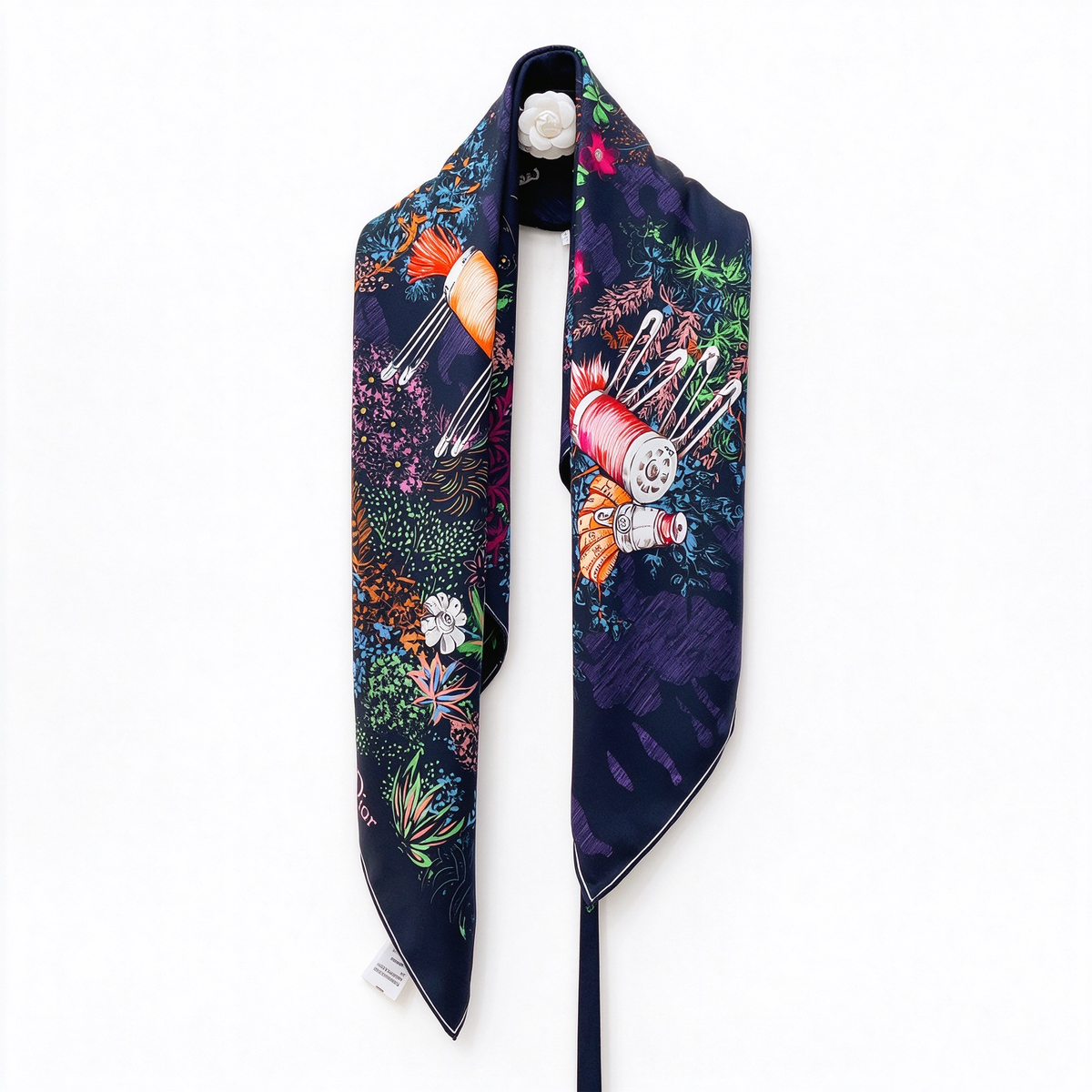 Christian Dior Atelier Silk Scarf by Jonathan Anderson – Navy Multicolor Couture Tools & Botanical Print | Luxury Designer Accessory