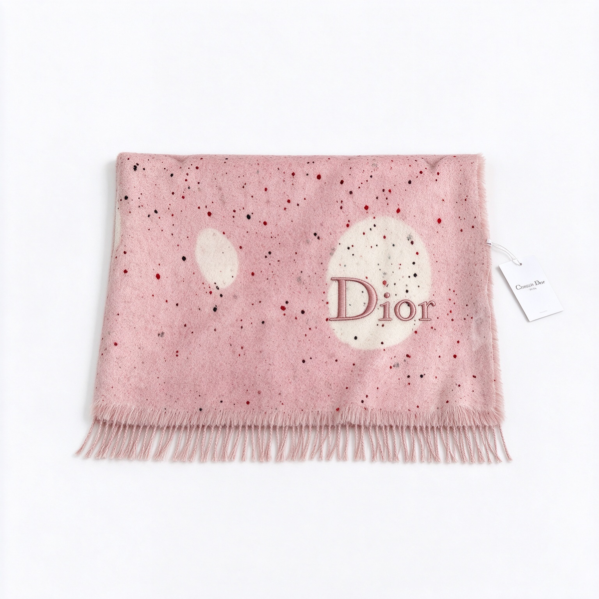 Dior Pink Constellation Scarf | Embroidered Logo Splatter Paint & Planet Wrap | Luxury Cashmere Wool Fringed Stole